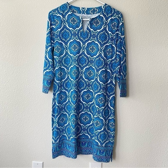 Coolibar | Women's Patterned UPF 50+ 3/4 Sleeve Shift Dress Blue Size Small - Picture 1 of 7